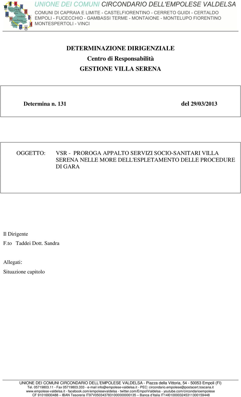 Sandra Allegati: Situazione capitolo UNIONE DEI COMUNI CIRCONDARIO DELL EMPOLESE VALDELSA - Piazza della Vittoria, 54-50053 Empoli (FI) Tel. 05719803.11 - Fax 05719803.