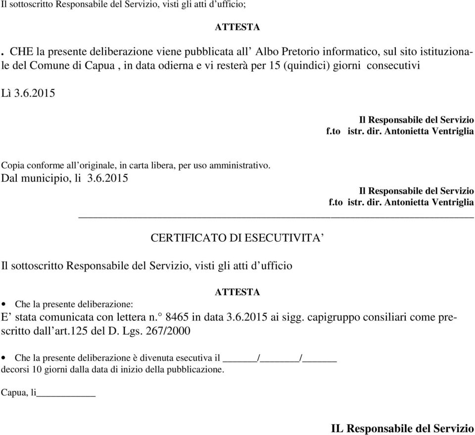 2015 Il Responsabile del Servizio f.to istr. dir. Antonietta Ventriglia Copia conforme all originale, in carta libera, per uso amministrativo. Dal municipio, li 3.6.