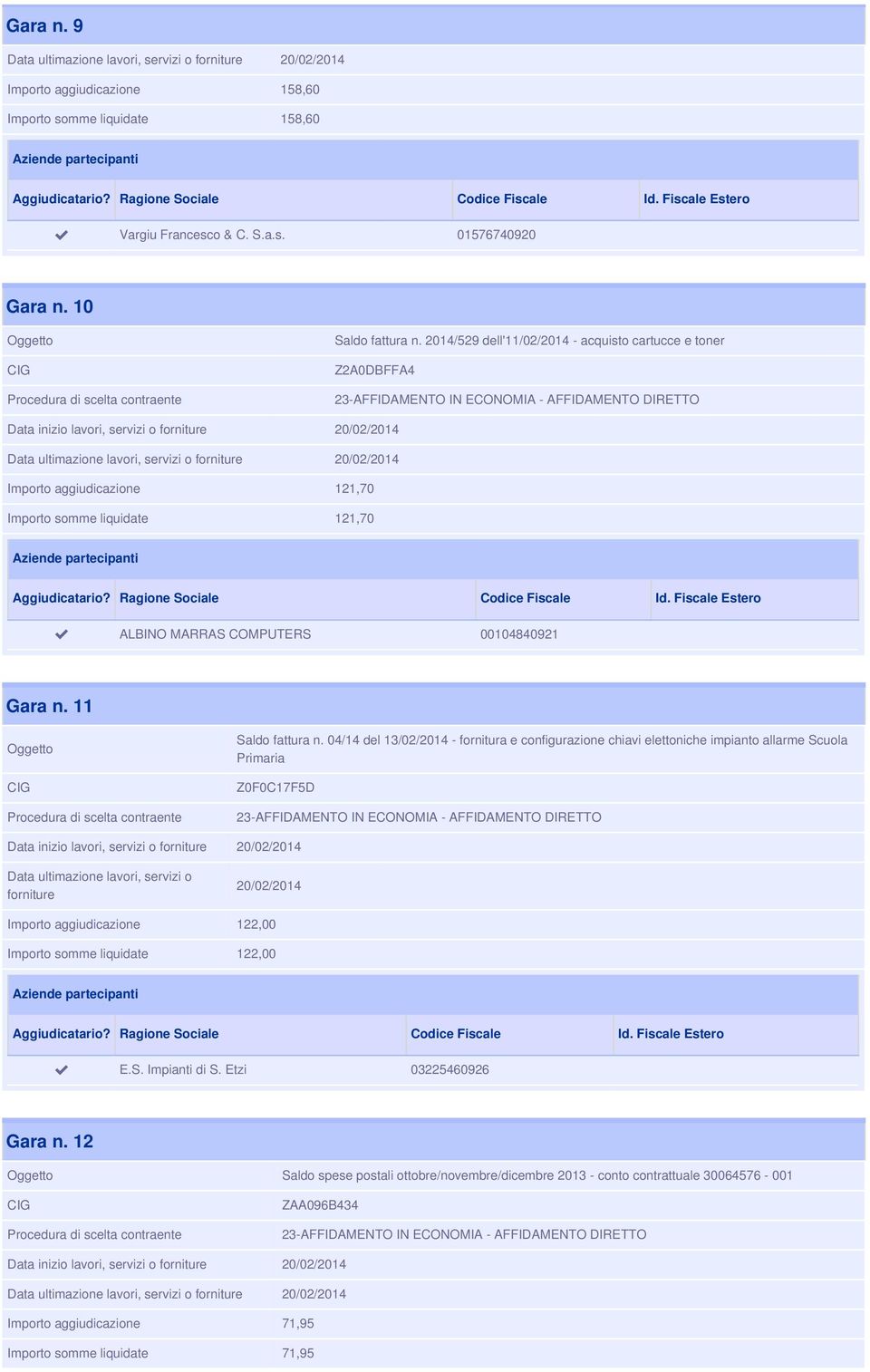 121,70 Importo somme liquidate 121,70 ALBINO MARRAS COMPUTERS 00104840921 Gara n. 11 Saldo fattura n.