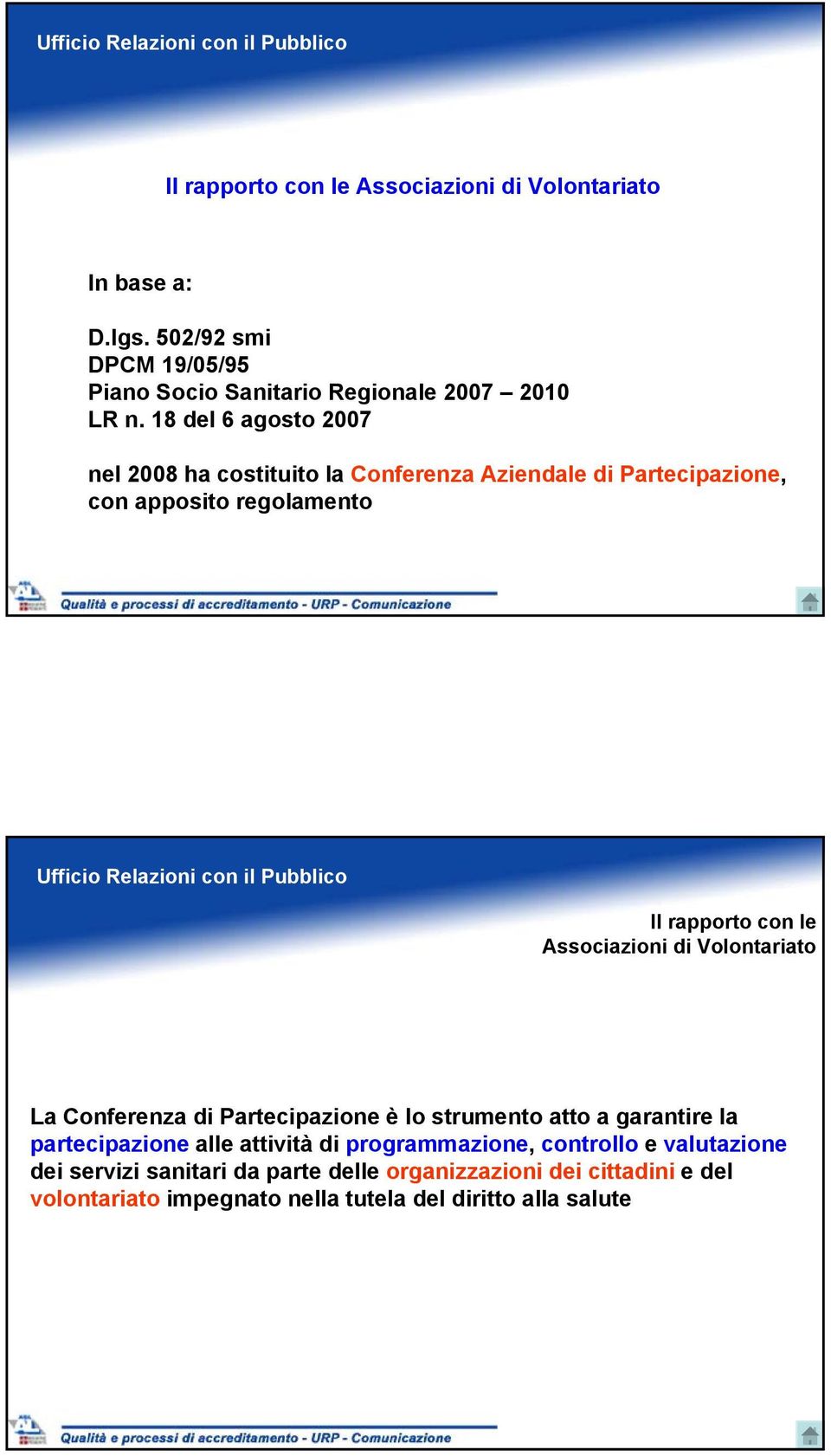 18 del 6 agosto 2007 nel 2008 ha costituito la Conferenza Aziendale di Partecipazione, con apposito regolamento Ufficio Relazioni con il Pubblico Il rapporto