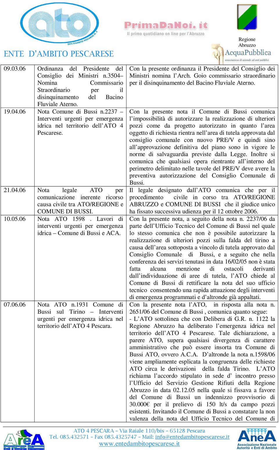 06 Nota ATO 1598. Lavori di interventi urgenti per emergenza idrica Comune di Bussi e ACA. 07.06.06 Nota ATO n.