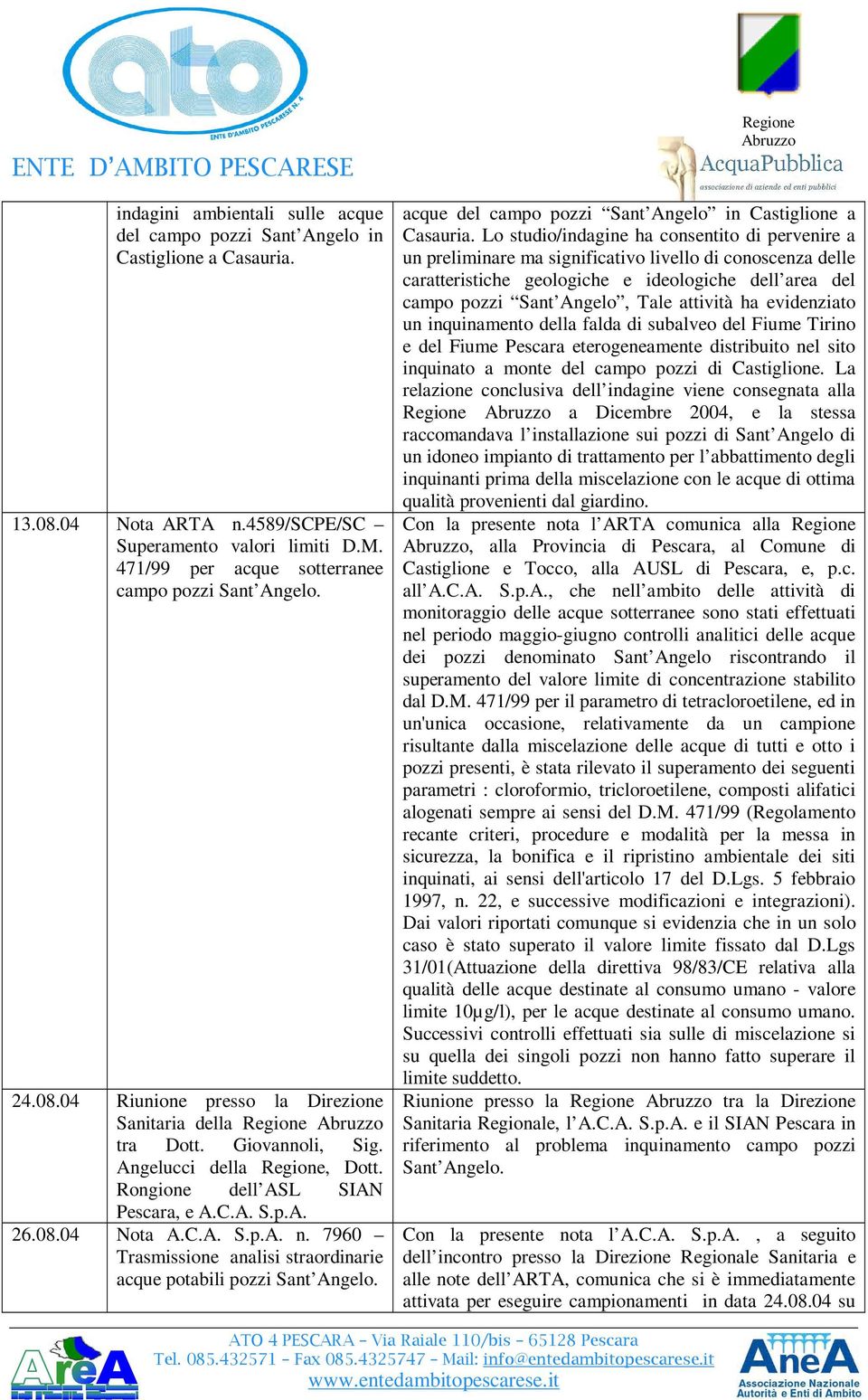 08.04 Nota A.C.A. S.p.A. n. 7960 Trasmissione analisi straordinarie acque potabili pozzi Sant Angelo. acque del campo pozzi Sant Angelo in Castiglione a Casauria.