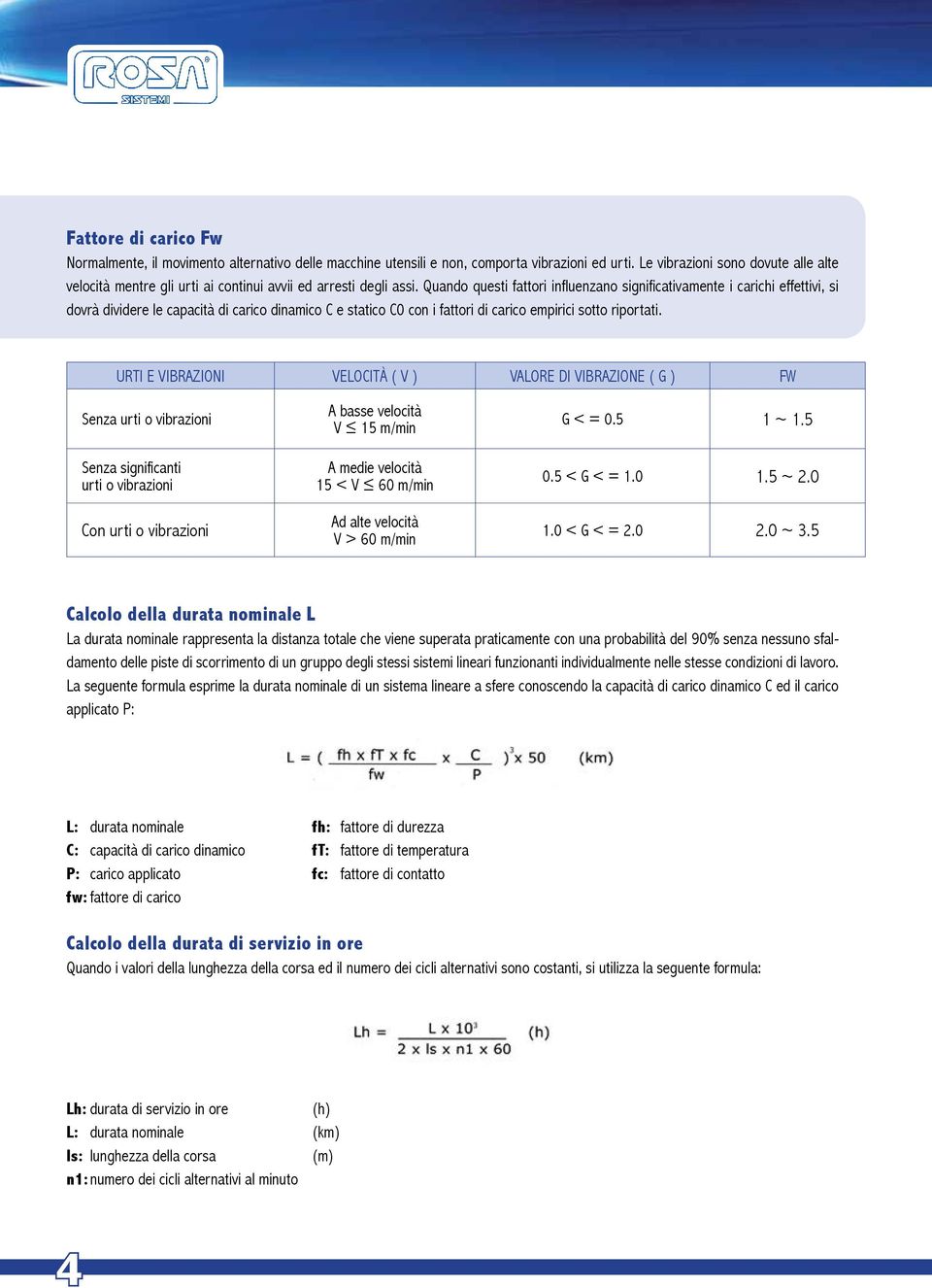 Quando questi fattori influenzano significativamente i carichi effettivi, si dovrà dividere le capacità di carico dinamico C e statico C0 con i fattori di carico empirici sotto riportati.