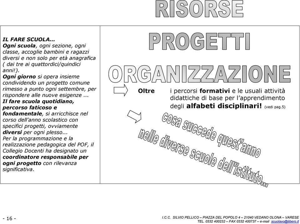 .. Il fare scuola quotidiano, percorso faticoso e fondamentale, si arricchisce nel corso dell anno scolastico con specifici progetti, ovviamente diversi per ogni plesso.