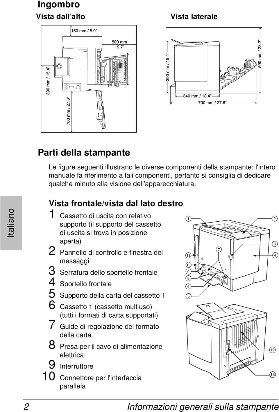 Vista frontale/vista dal lato destro 1 Cassetto di uscita con relativo supporto (il supporto del cassetto di uscita si trova in posizione aperta) 2 Pannello di controllo e finestra dei messaggi 3