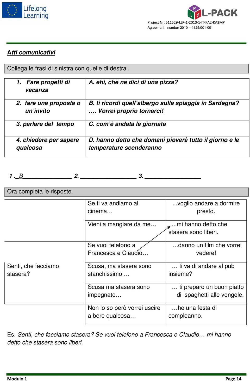 hanno detto che domani pioverà tutto il giorno e le temperature scenderanno 1._B 2. 3. Ora completa le risposte. Senti, che facciamo stasera?