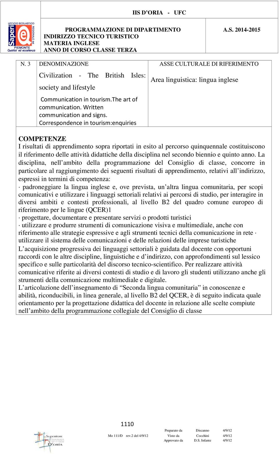 Correspondence in tourism:enquiries COMPETENZE I risultati di apprendimento sopra riportati in esito al percorso quinquennale costituiscono il riferimento delle attività didattiche della disciplina