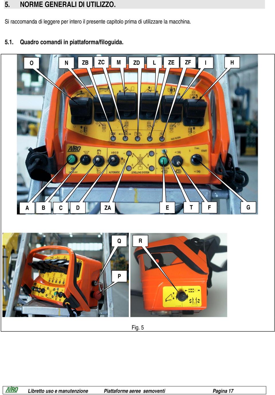 utilizzare la macchina. 5.1. Quadro comandi in piattaforma/filoguida.