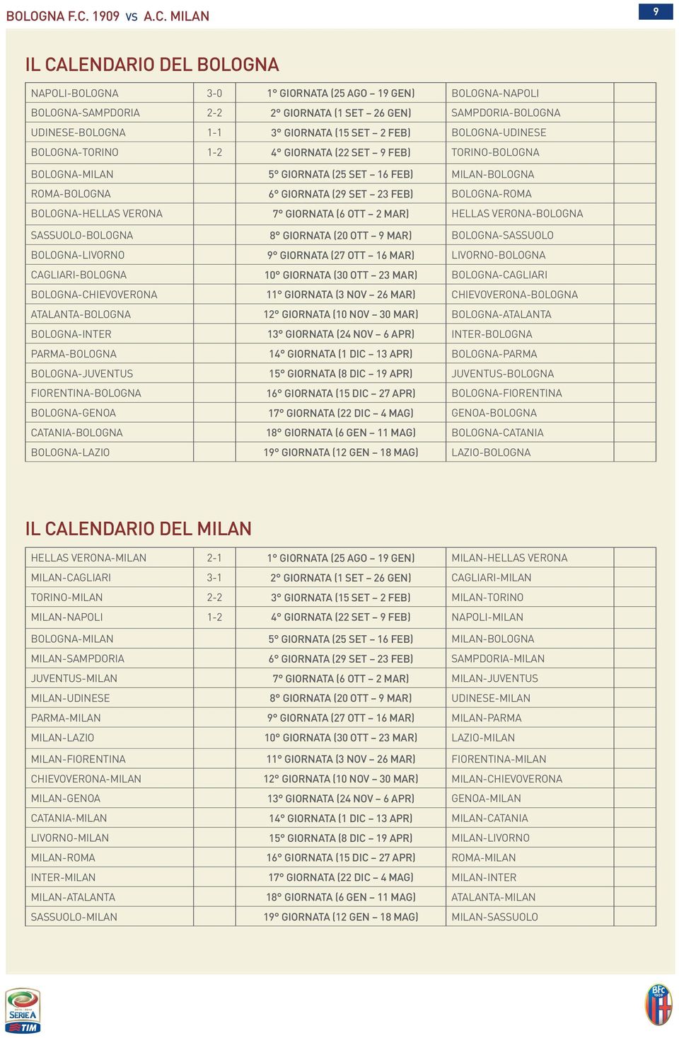 MILAN 9 IL CALENDARIO DEL BOLOGNA NAPOLI-BOLOGNA 3-1 GIORNATA (25 AGO 19 GEN) BOLOGNA-NAPOLI BOLOGNA-SAMPDORIA 2-2 2 GIORNATA (1 SET 26 GEN) SAMPDORIA-BOLOGNA UDINESE-BOLOGNA 1-1 3 GIORNATA (15 SET 2