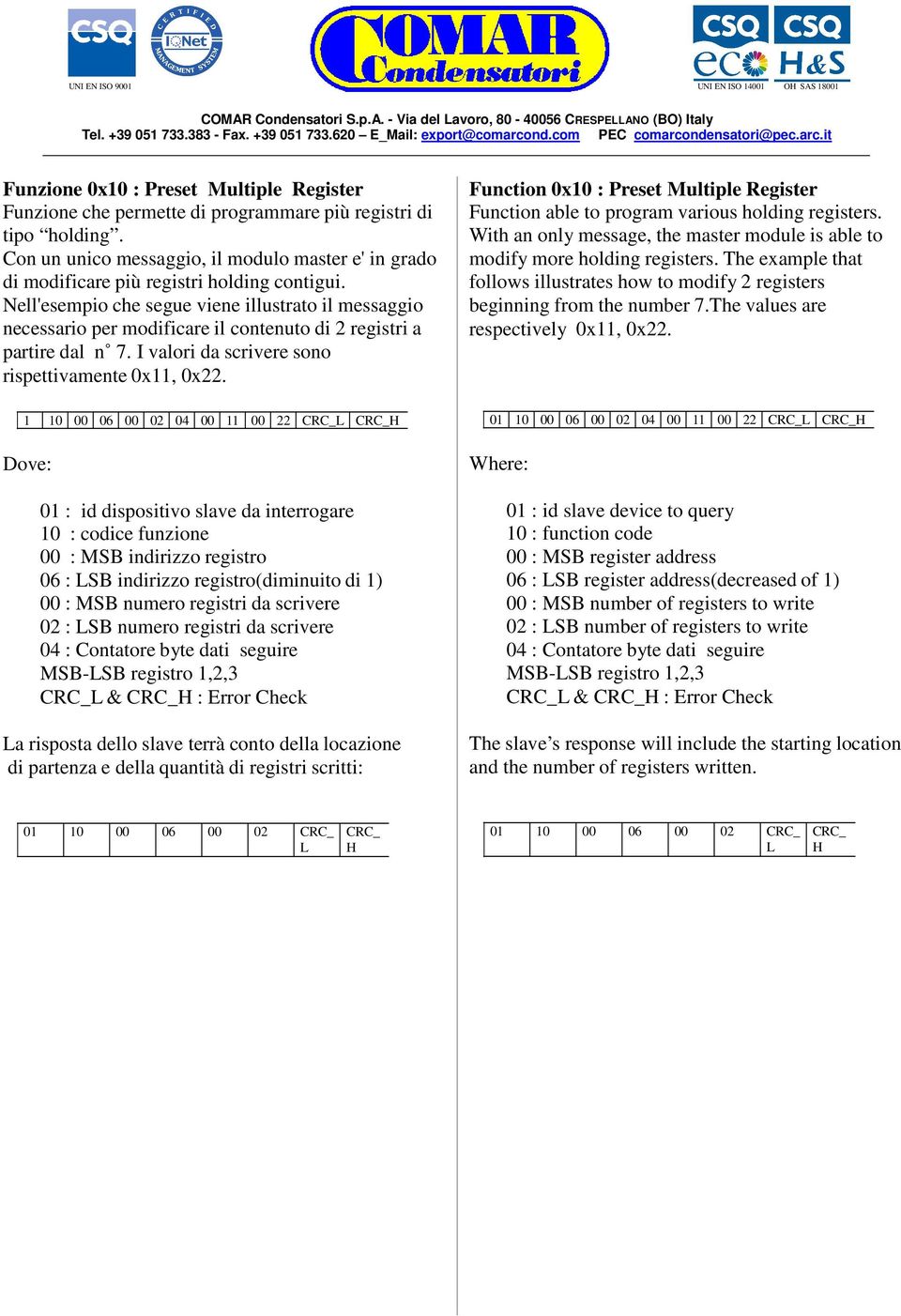 Nell'esempio che segue viene illustrato il messaggio necessario per modificare il contenuto di 2 registri a partire dal n 7. I valori da scrivere sono rispettivamente 0x11, 0x22.