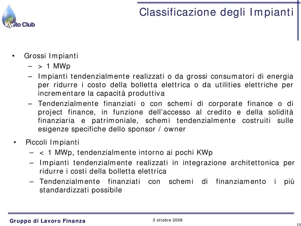 solidità finanziaria e patrimoniale, schemi tendenzialmente costruiti sulle esigenze specifiche dello sponsor / owner Piccoli Impianti < 1 MWp, tendenzialmente intorno ai pochi KWp