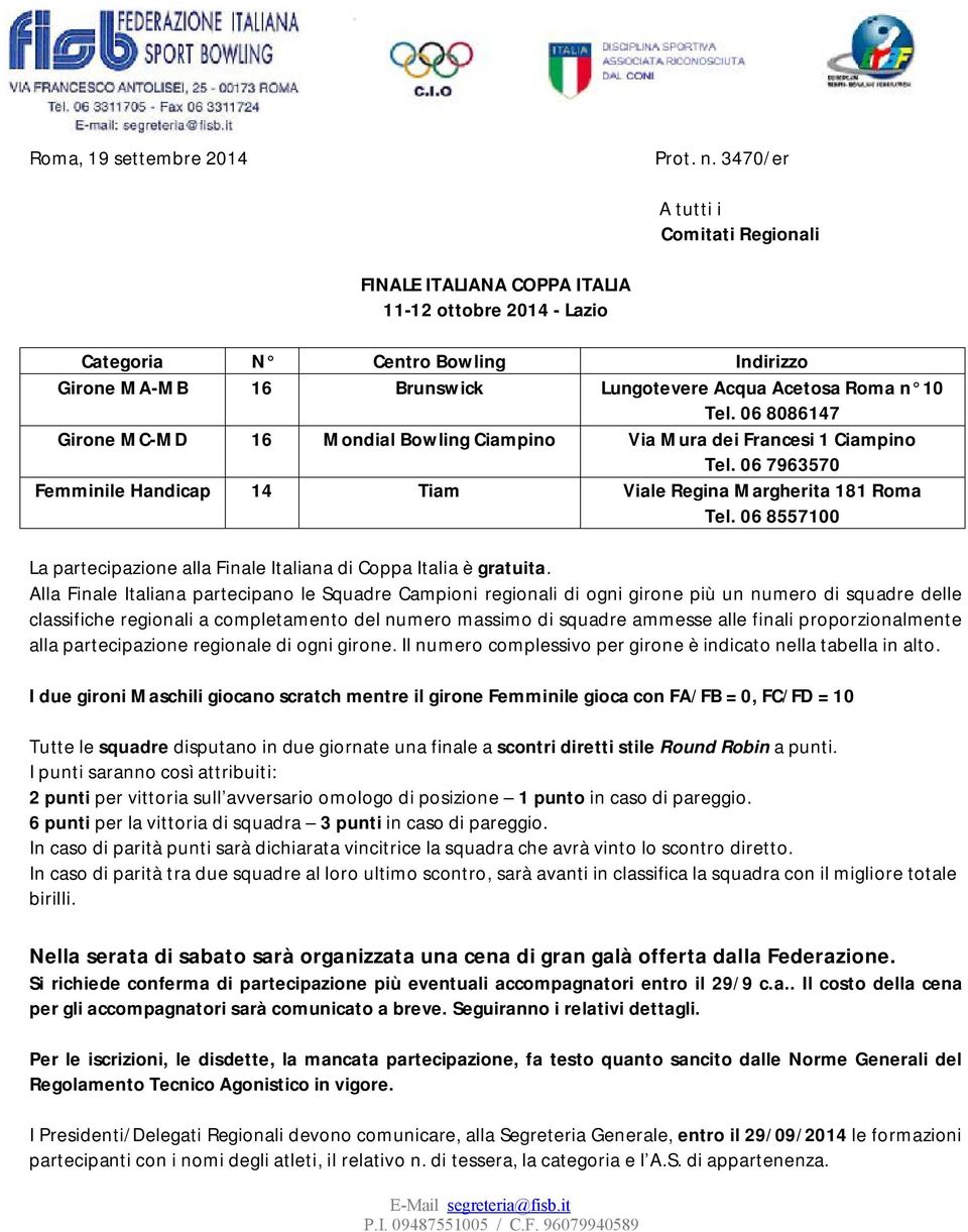 06 8086147 Girone MC-MD 16 Mondial Bowling Ciampino Via Mura dei Francesi 1 Ciampino Tel. 06 7963570 Femminile Handicap 14 Tiam Viale Regina Margherita 181 Roma Tel.