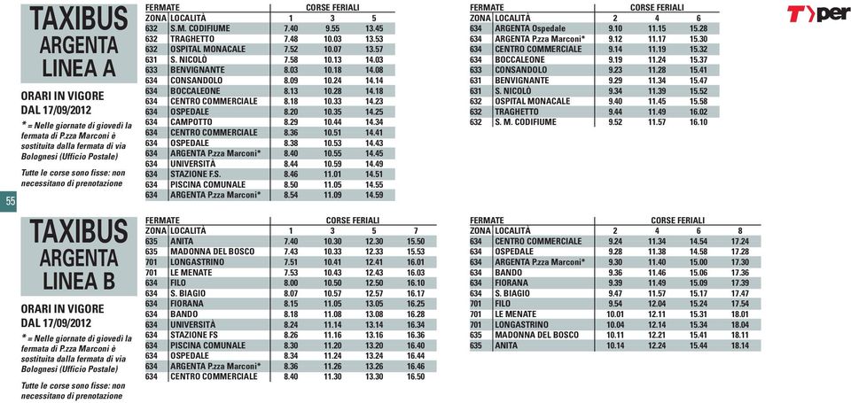 zza Marconi è sostituita dalla fermata di via Bolognesi (Ufficio Postale) Tutte le corse sono fisse: non necessitano di ZONA LOCALITÀ 1 3 5 632 S.M. CODIFIUME 7.40 9.55 13.45 632 TRAGHETTO 7.48 10.