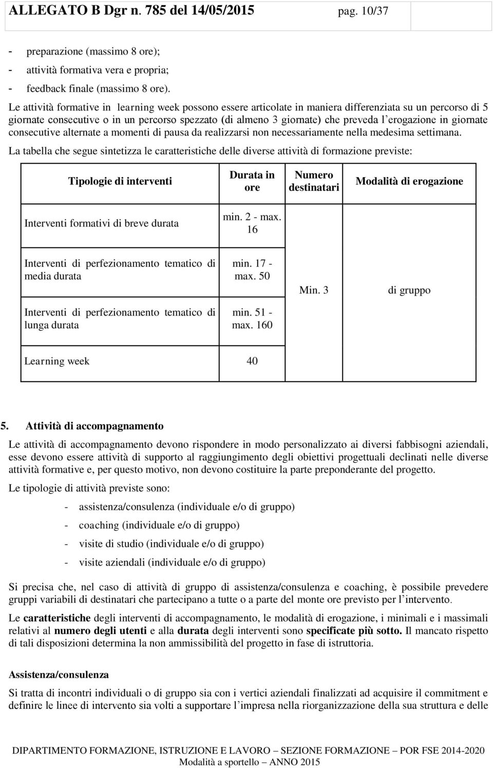 erogazione in giornate consecutive alternate a momenti di pausa da realizzarsi non necessariamente nella medesima settimana.