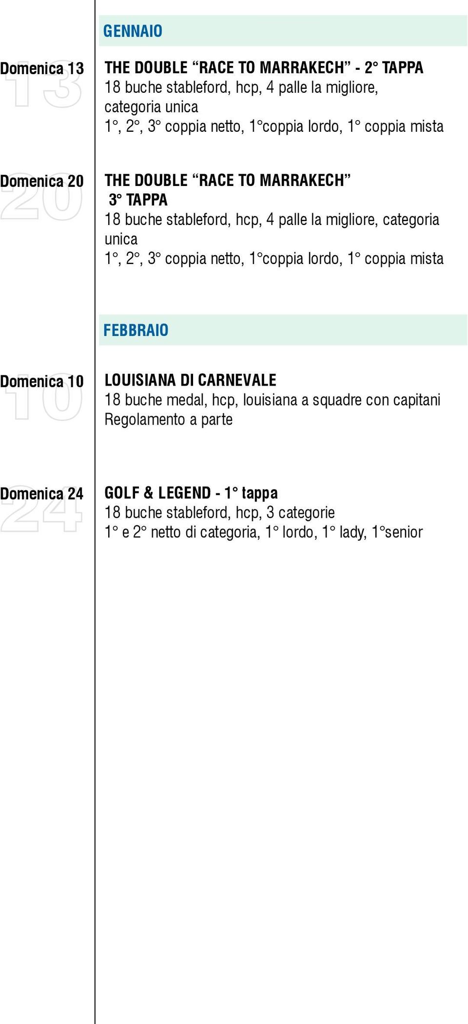 stableford, hcp, 4 palle la migliore, categoria unica 1, 2, 3 coppia netto, 1 coppia lordo, 1 coppia mista FEBBRAIO