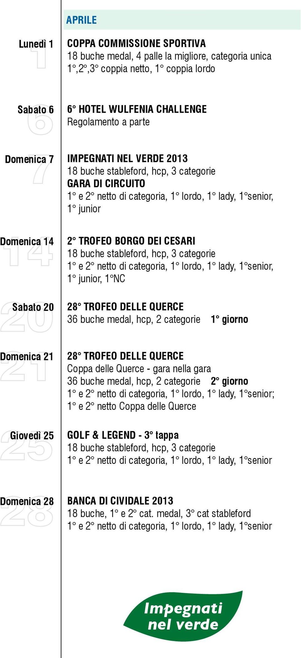 TROFEO DELLE QUERCE 36 buche medal, hcp, 2 categorie 1 giorno 28 TROFEO DELLE QUERCE Coppa delle Querce - gara nella gara 36 buche medal, hcp, 2 categorie