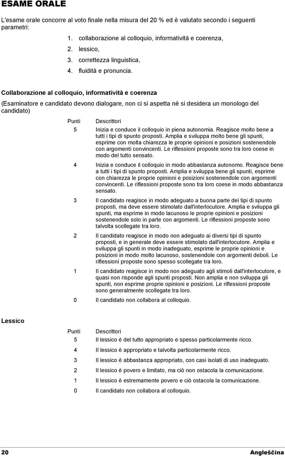 Collaborazione al colloquio, informatività e coerenza (Esaminatore e candidato devono dialogare, non ci si aspetta né si desidera un monologo del candidato) Punti Descrittori 5 Inizia e conduce il