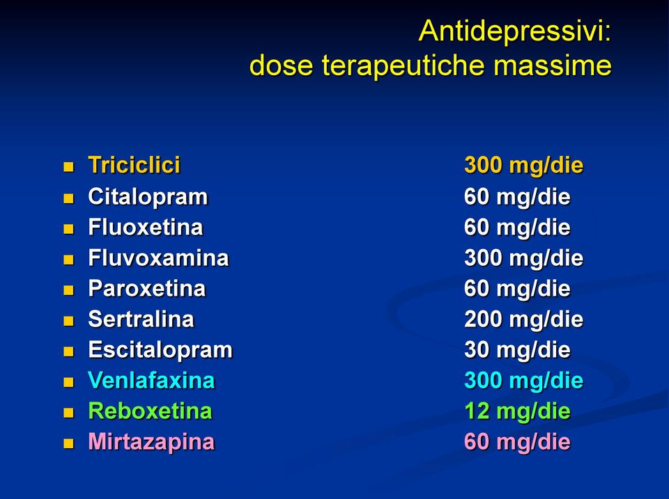 Paroxetina 60 mg/die Sertralina 200 mg/die Escitalopram 30