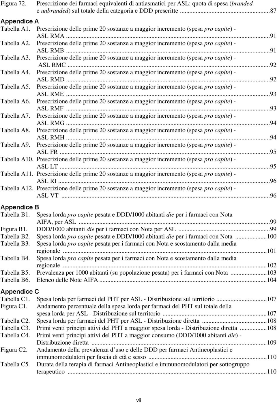 ..91 Tabella A3. Prescrizione delle prime 20 sostanze a maggior incremento (spesa pro capite) - ASL RMC...92 Tabella A4.