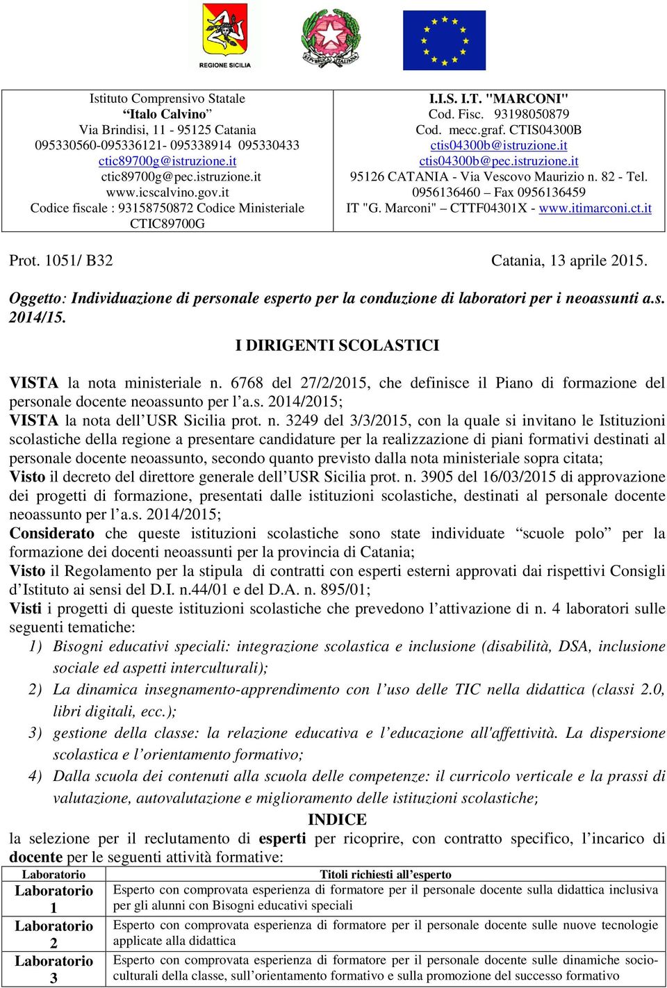 82 - Tel. 0956136460 Fax 0956136459 IT "G. Marconi" CTTF04301X - www.itimarconi.ct.it Prot. 1051/ B32 Catania, 13 aprile 2015.