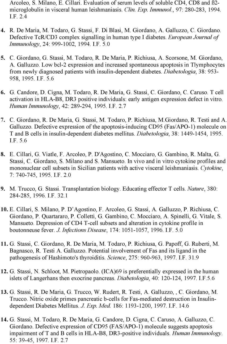 I.F. 5.0 5. C. Giordano, G. Stassi, M. Todaro, R. De Maria, P. Richiusa, A. Scorsone, M. Giordano, A. Galluzzo.