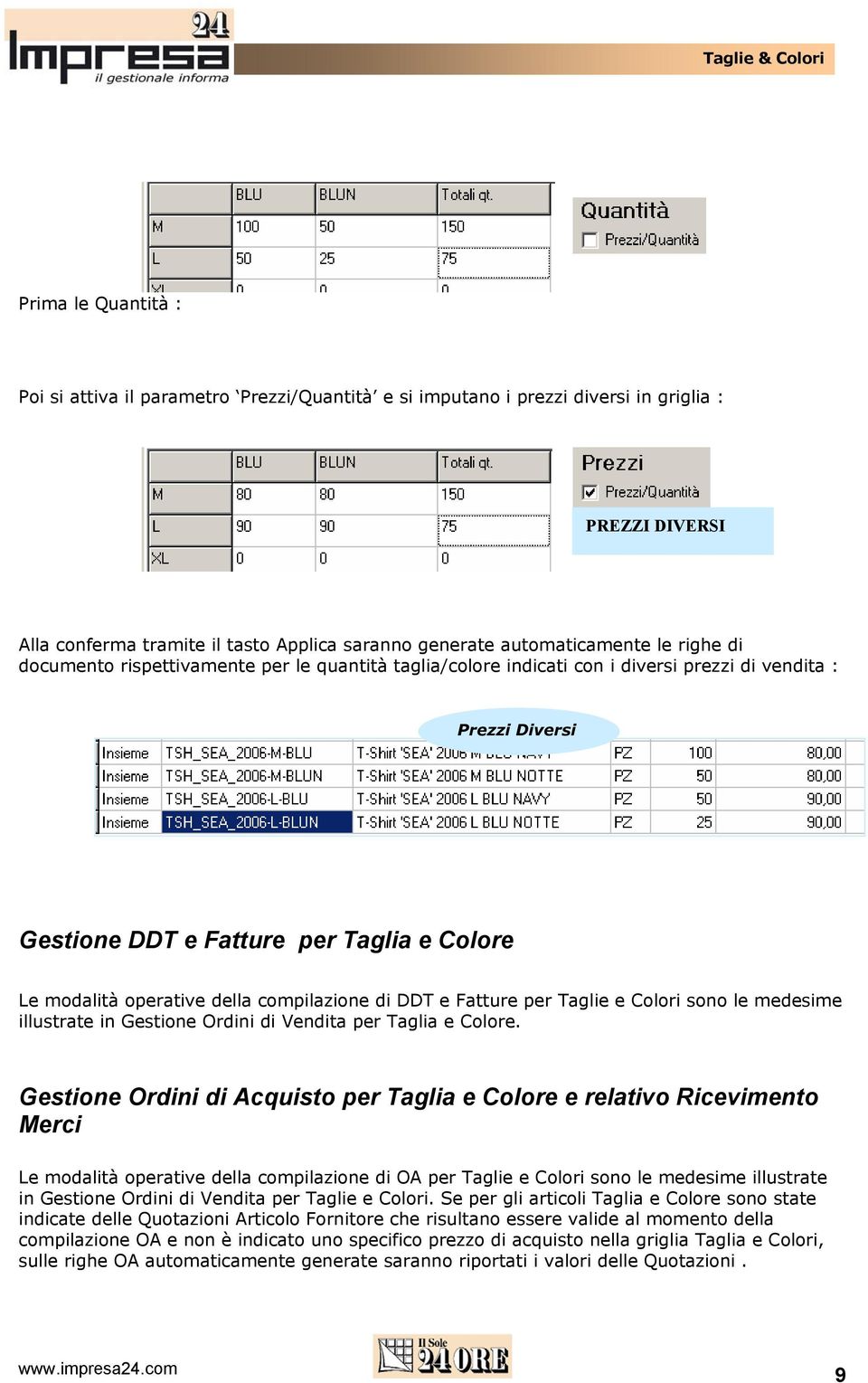 compilazione di DDT e Fatture per Taglie e Colori sono le medesime illustrate in Gestione Ordini di Vendita per Taglia e Colore.