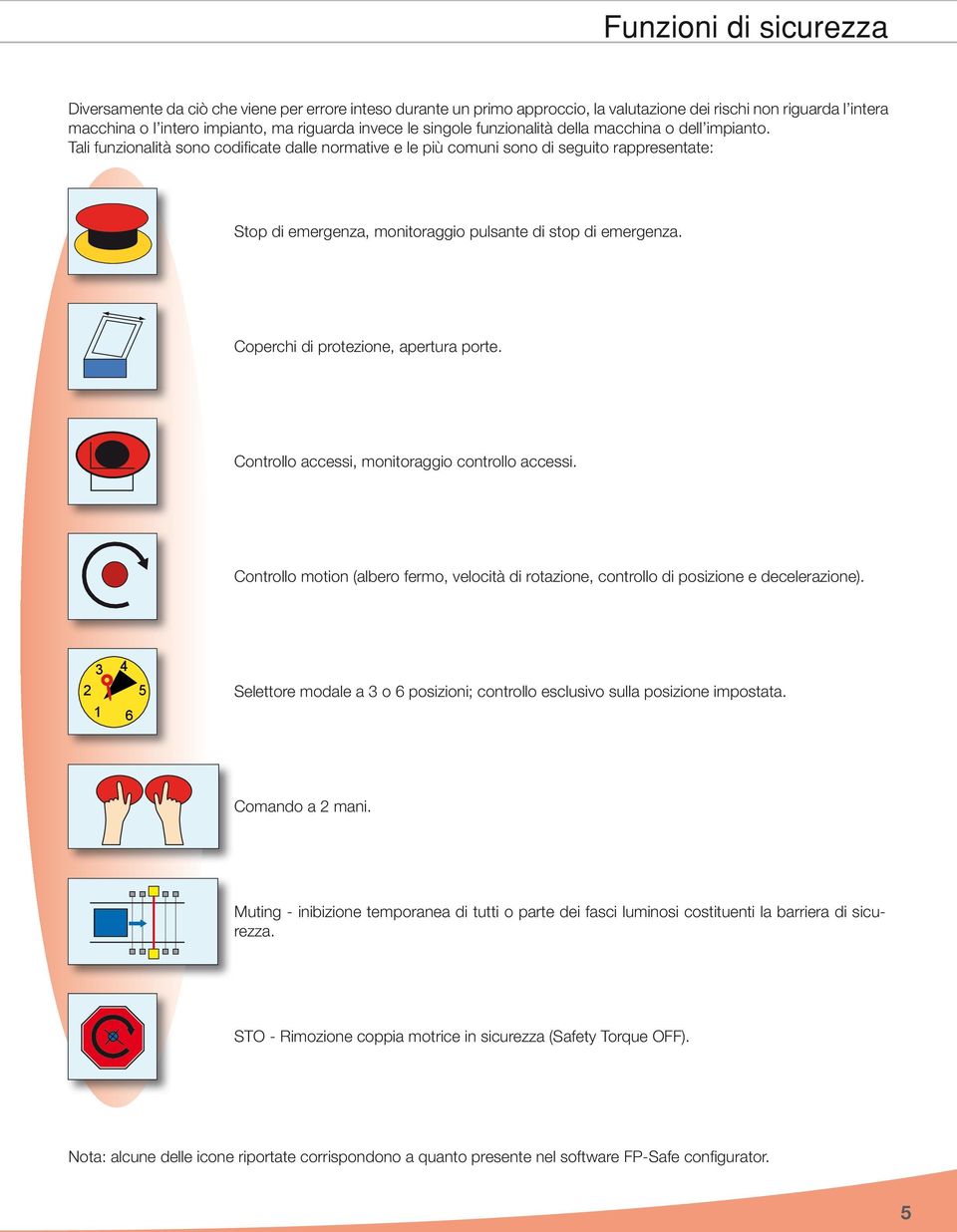 Tali funzionalità sono codificate dalle normative e le più comuni sono di seguito rappresentate: Stop di emergenza, monitoraggio pulsante di stop di emergenza. Coperchi di protezione, apertura porte.