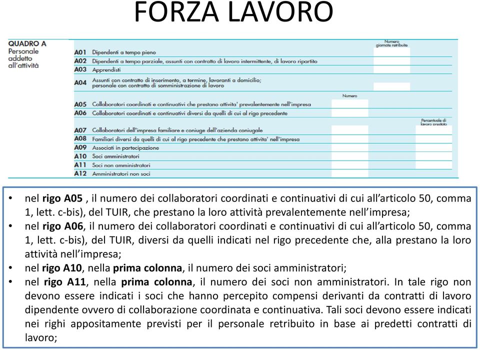 c-bis), del TUIR, diversi da quelli indicati nel rigo precedente che, alla prestano la loro attività nell impresa; nel rigo A10, nella prima colonna, il numero dei soci amministratori; nel rigo A11,