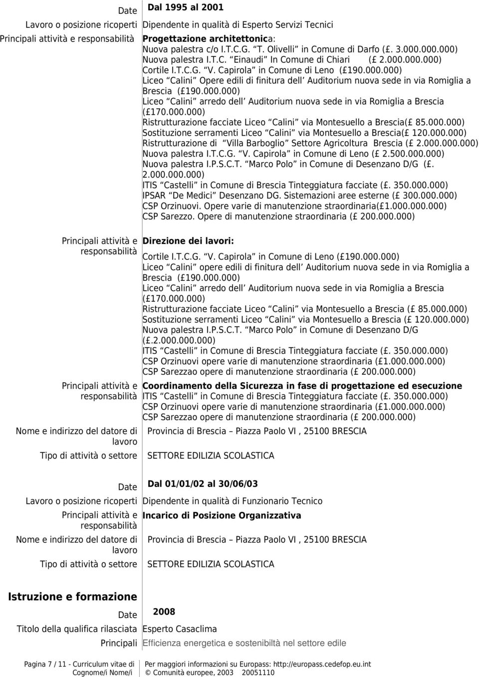 000.000) Liceo Calini arredo dell Auditorium nuova sede in via Romiglia a ( 170.000.000) Ristrutturazione facciate Liceo Calini via Montesuello a ( 85.000.000) Sostituzione serramenti Liceo Calini via Montesuello a ( 120.