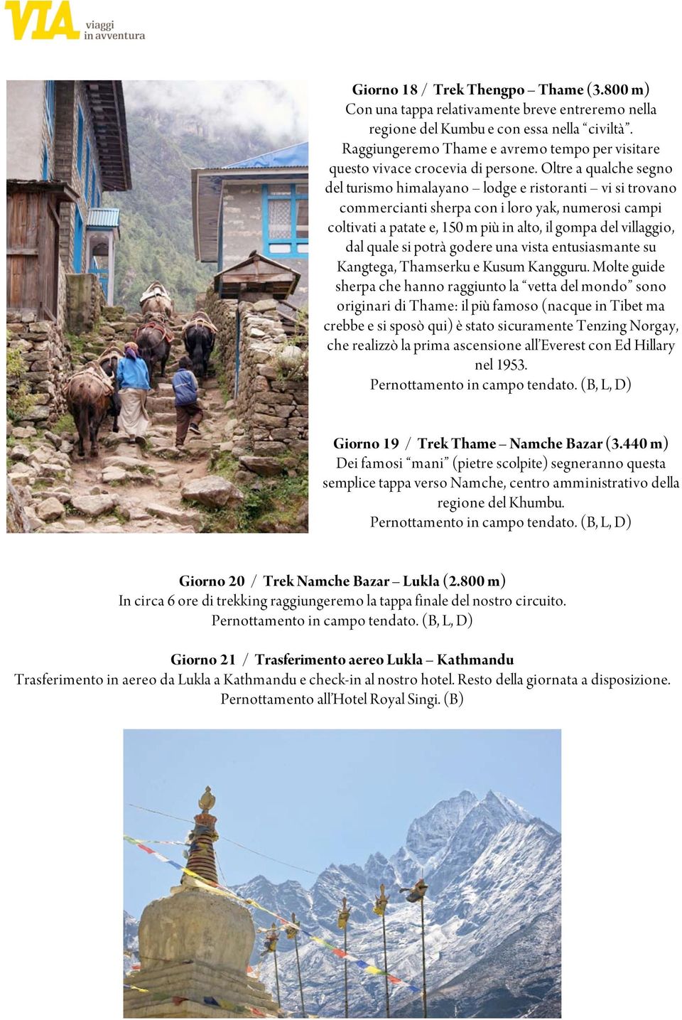 Oltre a qualche segno del turismo himalayano lodge e ristoranti vi si trovano commercianti sherpa con i loro yak, numerosi campi coltivati a patate e, 150 m più in alto, il gompa del villaggio, dal