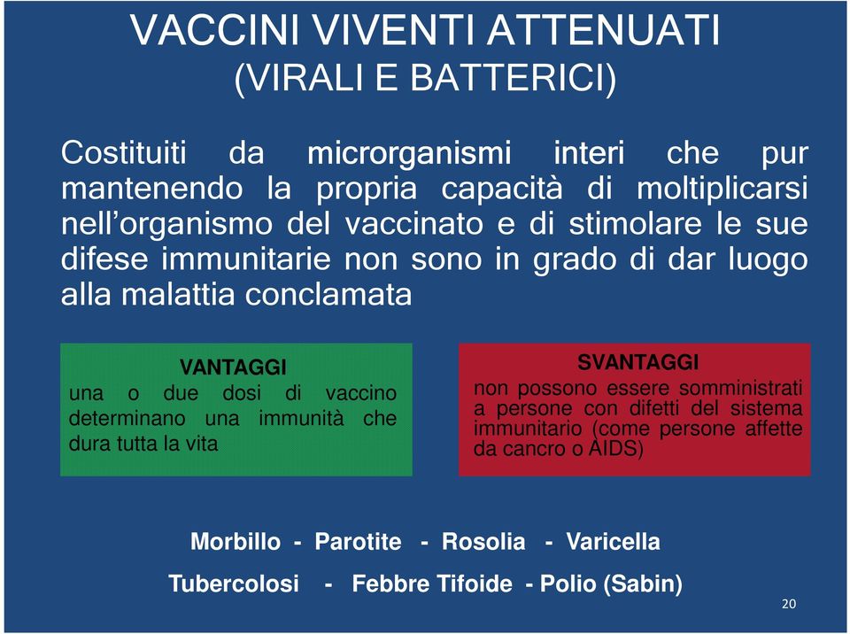 due dosi di vaccino determinano una immunità che dura tutta la vita SVANTAGGI non possono essere somministrati a persone con difetti del