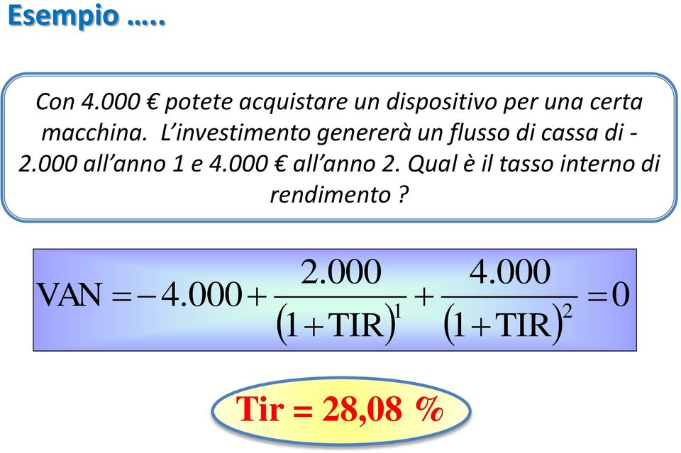 L investimento genererà un flusso di cassa di - 2.