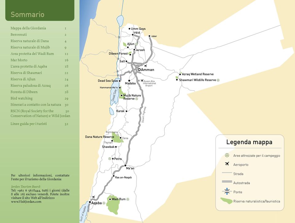 guida per i turisti 32 Dead Sea Spas Hammamat Ma in Dibeen Forest D ead Se a Salt Karak Umm Qays Irbid Ajlun Madaba Jerash Mujib Nature Reserve Amman Queen Alia International Airport Highway Desert