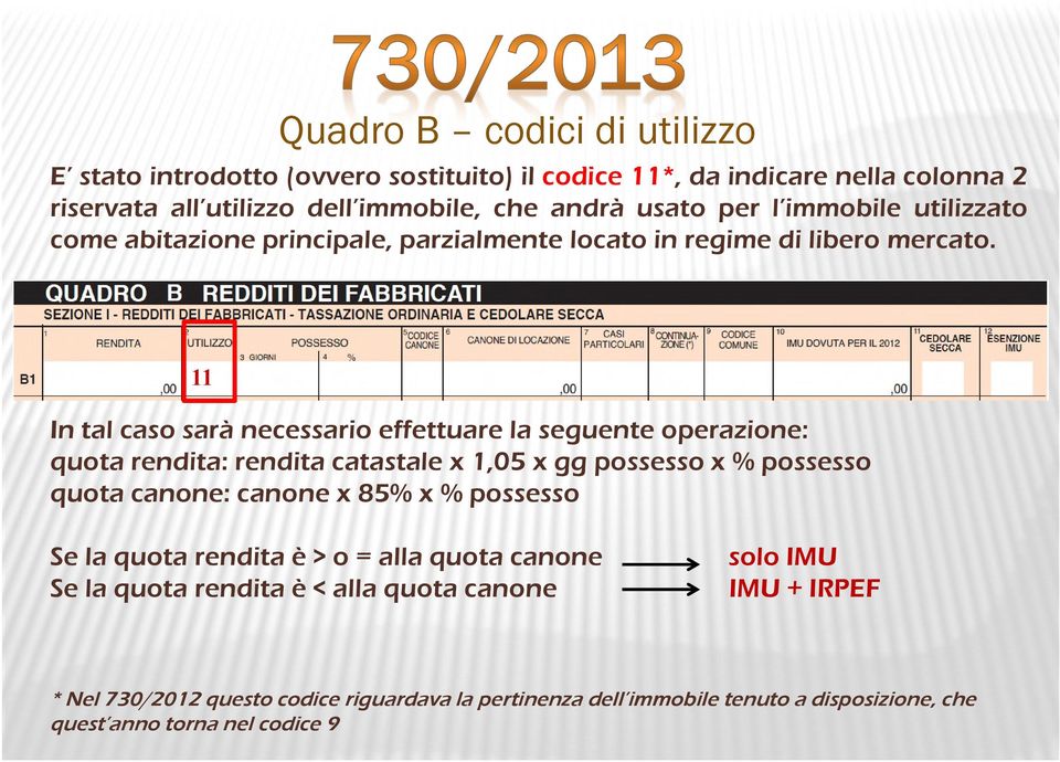 11 In tal caso sarà necessario effettuare la seguente operazione: quota rendita: rendita catastale x 1,05 x gg possesso x % possesso quota canone: canone x 85% x %