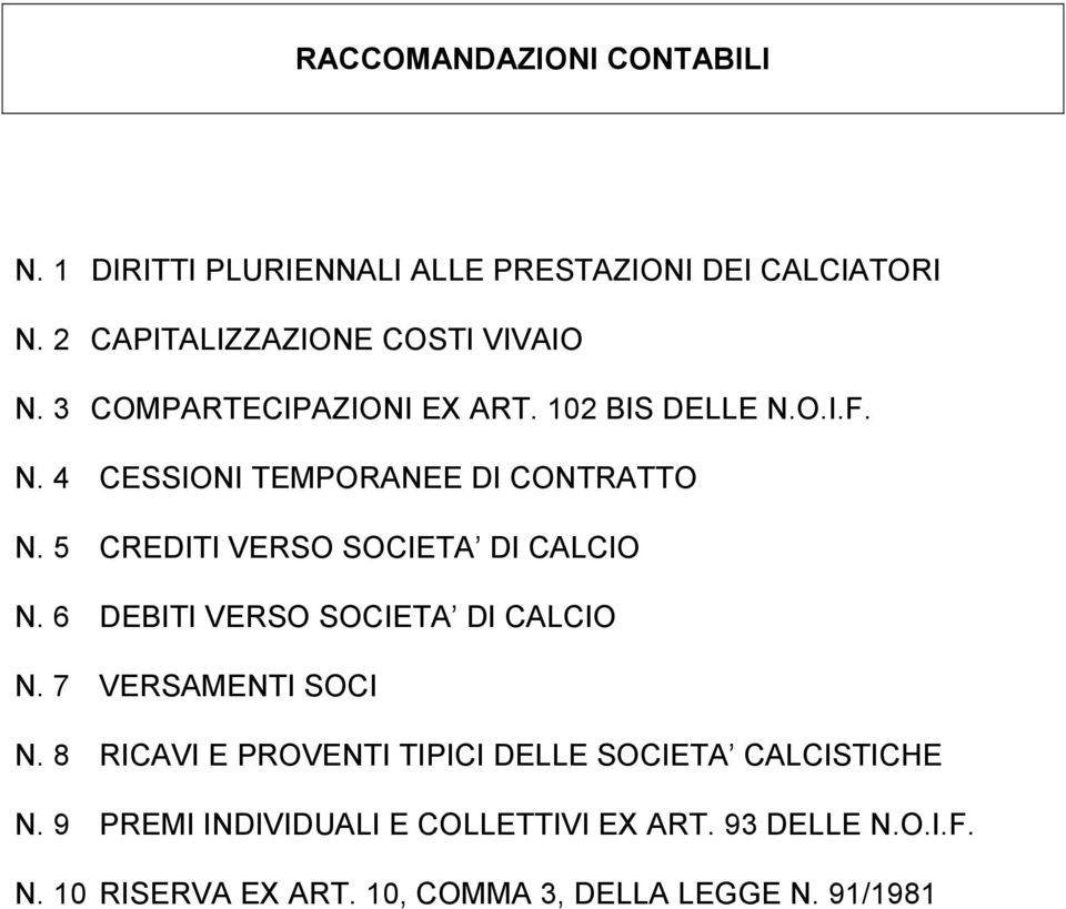 5 CREDITI VERSO SOCIETA DI CALCIO N. 6 DEBITI VERSO SOCIETA DI CALCIO N. 7 VERSAMENTI SOCI N.