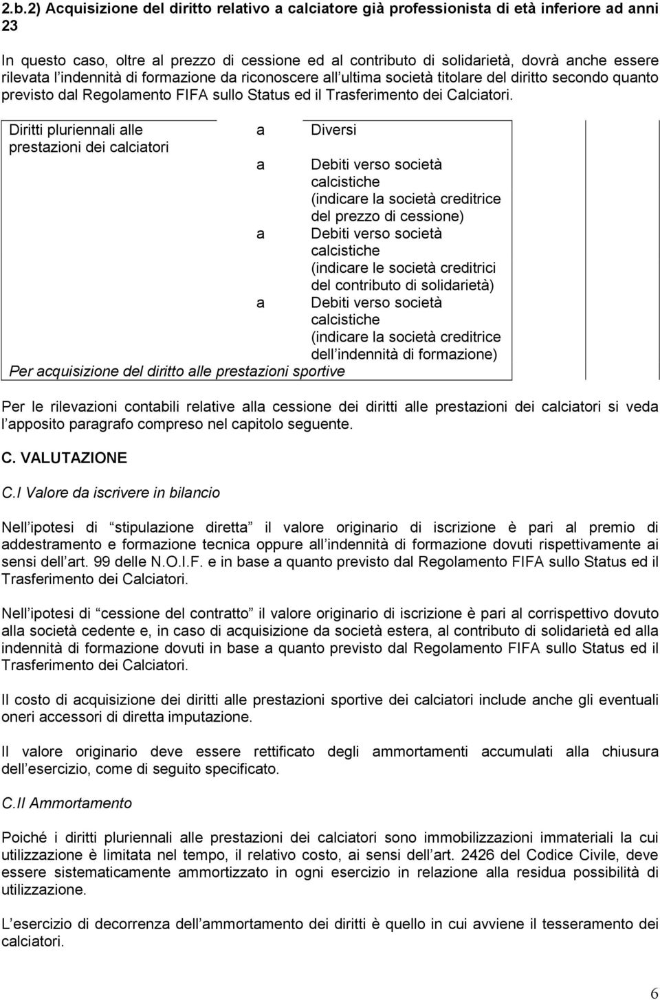 Diritti pluriennali alle a a a Diversi Per acquisizione del diritto alle prestazioni sportive a Debiti verso società calcistiche (indicare la società creditrice del prezzo di cessione) Debiti verso