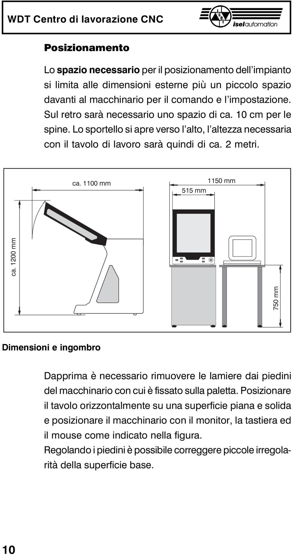 1200 mm Dimensioni e ingombro Dapprima è necessario rimuovere le lamiere dai piedini del macchinario con cui è fissato sulla paletta.