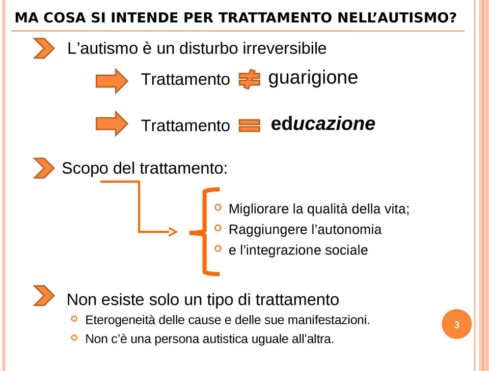 trattamento: Migliorare la qualità della vita; Raggiungere l autonomia e l integrazione