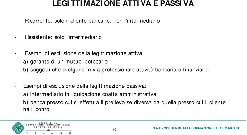 in via professionale attività bancaria o finanziaria - Esempi di esclusione della legittimazione passiva: a) intermediario