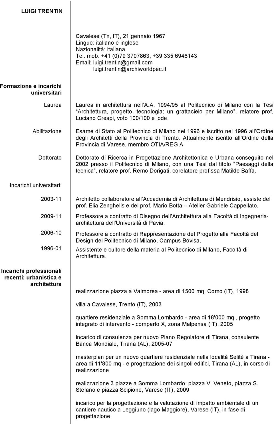 Luciano Crespi, voto 100/100 e lode. Esame di Stato al Politecnico di Milano nel 1996 e iscritto nel 1996 all Ordine degli Architetti della Provincia di Trento.