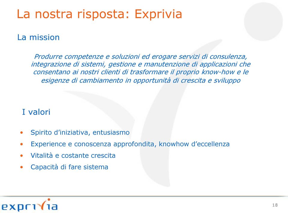 proprio know how e le esigenze di cambiamento in opportunità di crescita e sviluppo I valori Spirito d iniziativa,