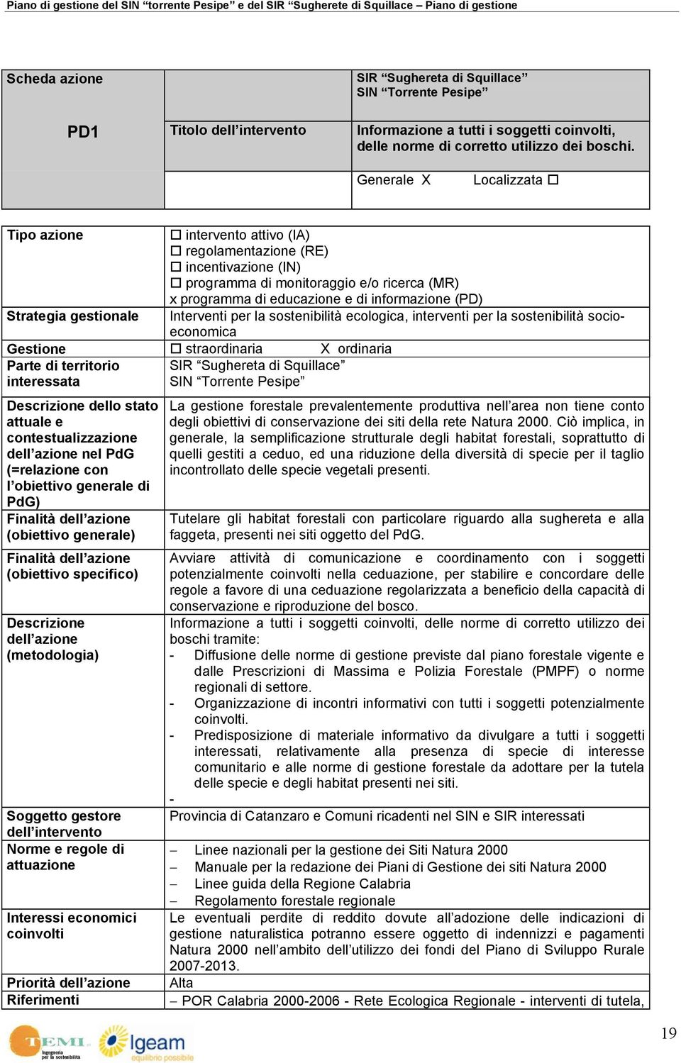 Strategia gestionale Interventi per la sostenibilità ecologica, interventi per la sostenibilità socioeconomica Gestione straordinaria X ordinaria Parte di territorio interessata SIR Sughereta di