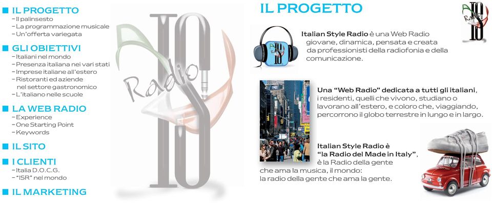 ISR nel mondo IL MARKETING IL PROGETTO Italian Style Radio è una Web Radio giovane, dinamica, pensata e creata da professionisti della radiofonia e della comunicazione.