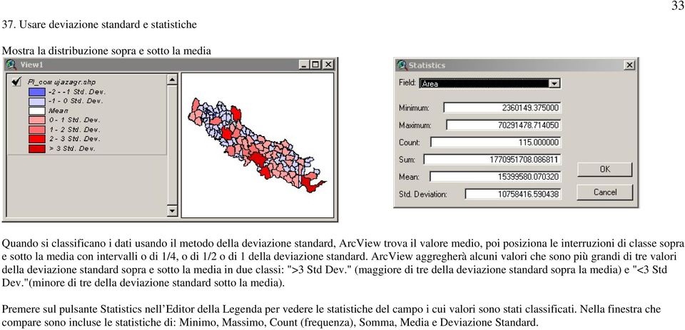 ArcView aggregherà alcuni valori che sono più grandi di tre valori della deviazione standard sopra e sotto la media in due classi: ">3 Std Dev.