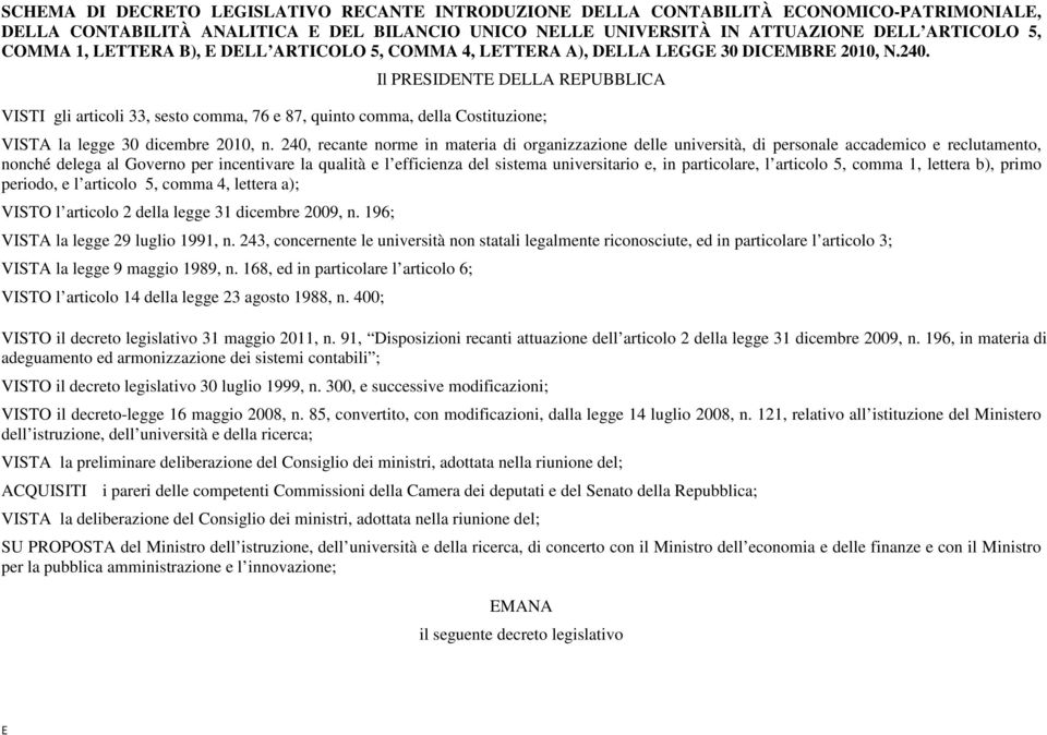 Il PRSIDNT DLLA RPUBBLICA VISTI gli articoli 33, sesto comma, 76 e 87, quinto comma, della Costituzione; VISTA la legge 30 dicembre 2010, n.