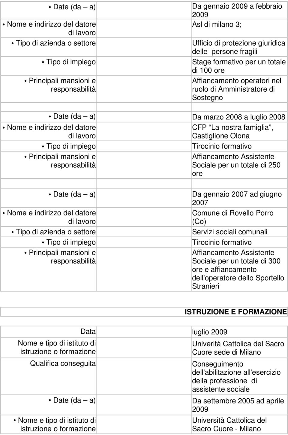 Da gennaio 2007 ad giugno 2007 Comune di Rovello Porro (Co) Servizi sociali comunali Tirocinio formativo Affiancamento Assistente Sociale per un totale di 300 ore e affiancamento dell'operatore dello