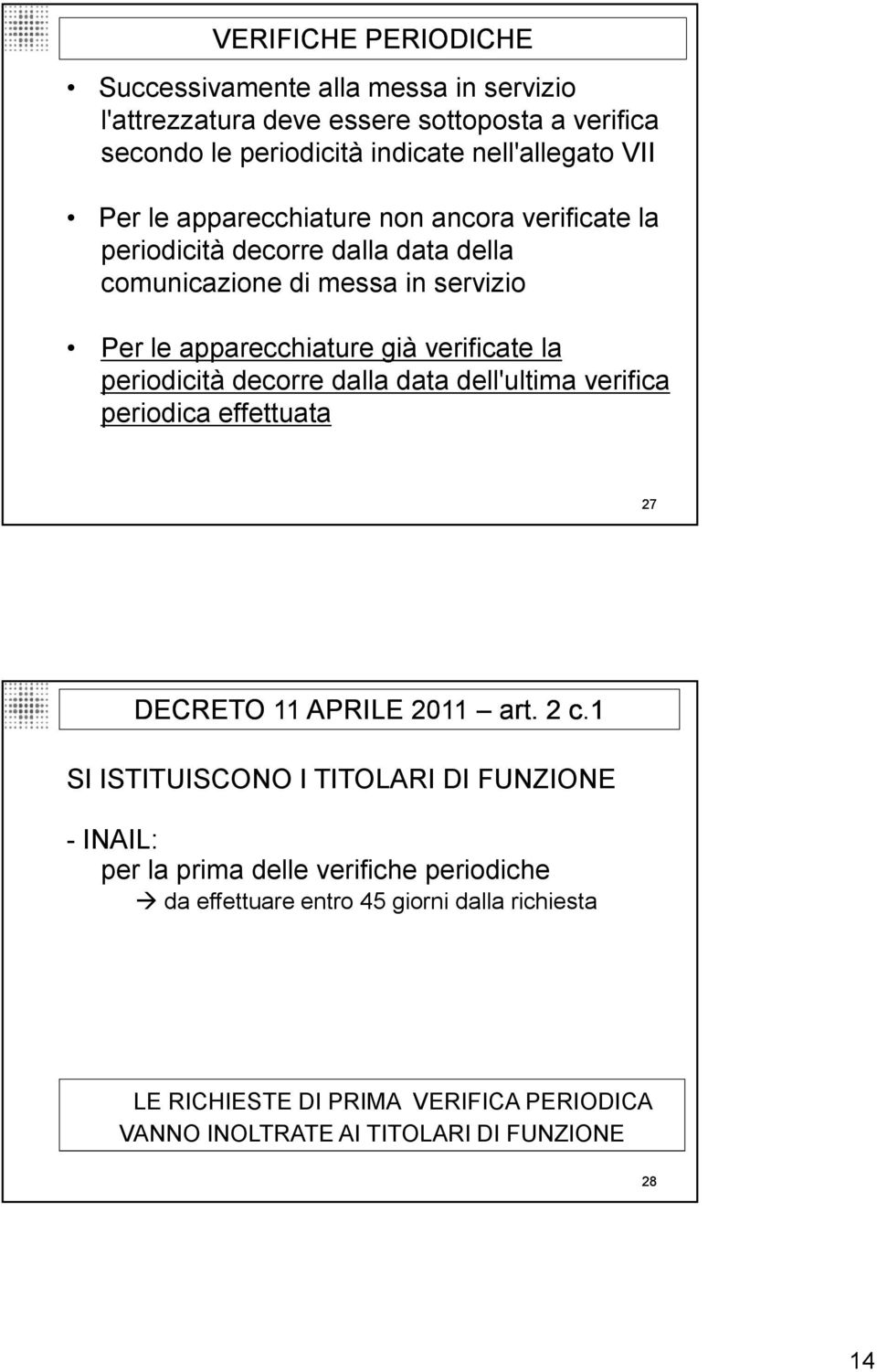 periodicità decorre dalla data dell'ultima verifica periodica effettuata 27 DECRETO 11 APRILE 2011 art. 2 c.