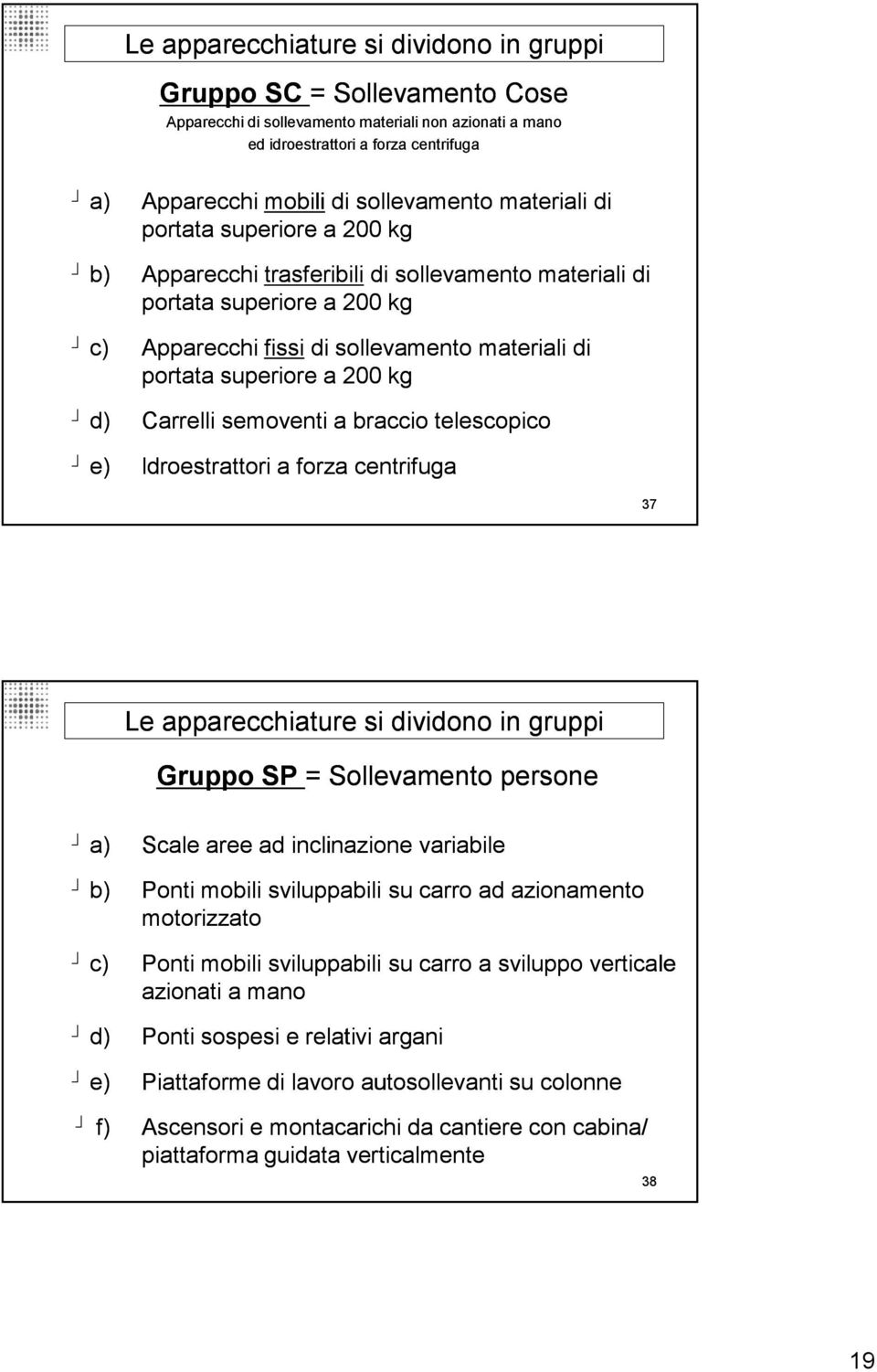 a 200 kg Carrelli semoventi a braccio telescopico ldroestrattori a forza centrifuga 37 Le apparecchiature si dividono in gruppi Gruppo SP = Sollevamento persone a) b) c) d) e) f) Scale aree ad