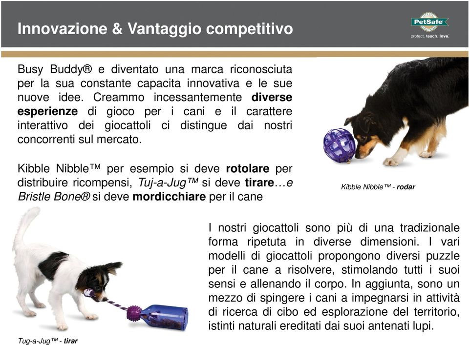 Kibble Nibble per esempio si deve rotolare per distribuire ricompensi, Tuj-a-Jug si deve tirare e Bristle Bone si deve mordicchiare per il cane Kibble Nibble - rodar Tug-a-Jug - tirar I nostri