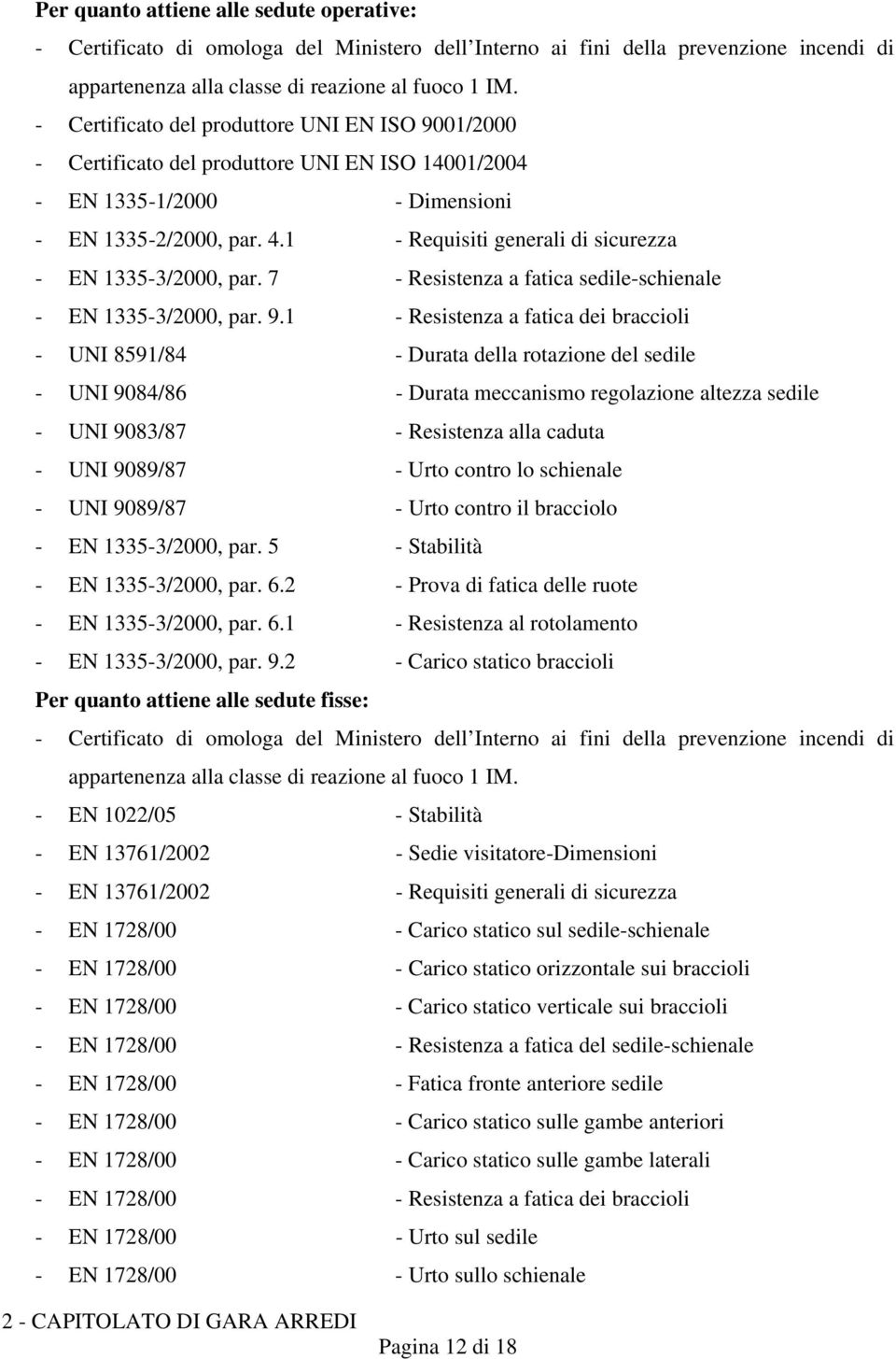 1 - Requisiti generali di sicurezza - EN 1335-3/2000, par. 7 - Resistenza a fatica sedile-schienale - EN 1335-3/2000, par. 9.